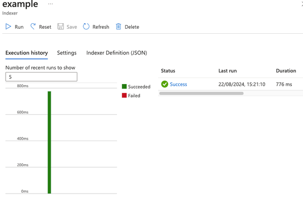 Image showing successful run of indexer against storage account